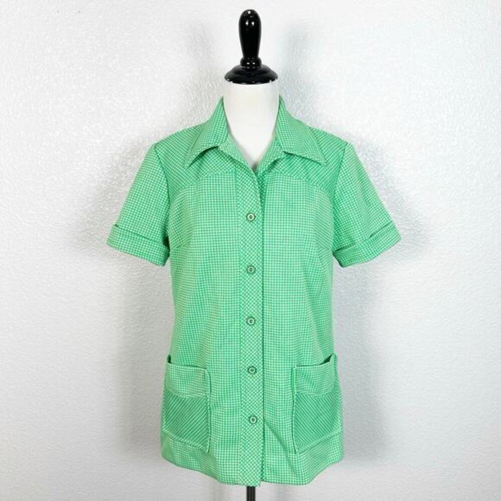 Vintage 70s Pykettes Sz L Green Houndstooth Mod Dagger Collar Button‎ Down Shirt